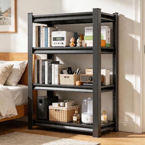 44"H 4 Tier Black Steel Storage Rack, Tall Bookshelf Heavy Duty, 2000lbs, Double Layer Panel & Thickened Column, Adjustable Shelving Unit for Home Office Living Room Kitchen Pantry. 32"W*44"H