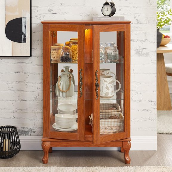 44"H Lighted Glass Display Cabinet with Tempered Glass Doors Dark Oak