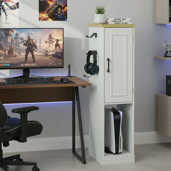 44"H Media Storage Cabinet, Media Stand with 2 built-in Drawers and 3 Hooks, Game Console Storage Cabinet for PS5 and Xbox, Antique White