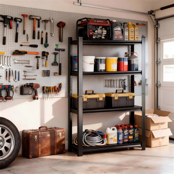 44" H Metal Shelf 4-Tier Storage Shelves 2400LBS Garage Shelving Unit Adjustable Shelf for Basement, Warehouse, Pantry, Closet, Kitchen 44" H x 20" W x 14" D, Black