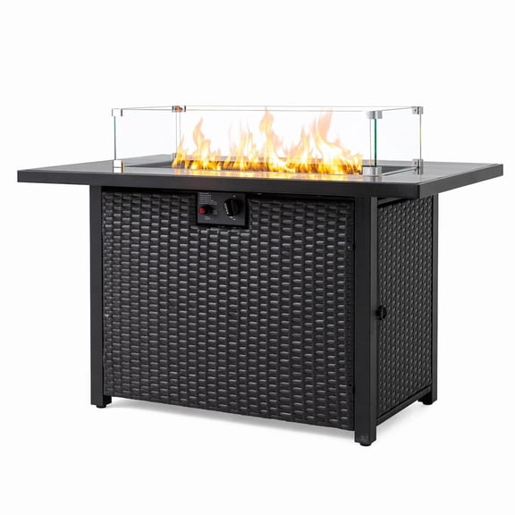 44 Inch 2-in-1 Rectangular Propane Fire Pit Table 50,000 BTU Outdoor Gas Heater with Glass Wind Guard & Rattan Frame for Patio, Backyard, Garden