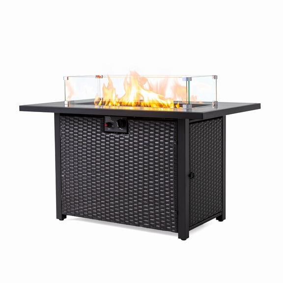 44 Inch 50000 BTU Propane Fire Pit Table, 2-in-1 Rectangular Outdoor Heater with Glass Wind Guard for Patio Backyard