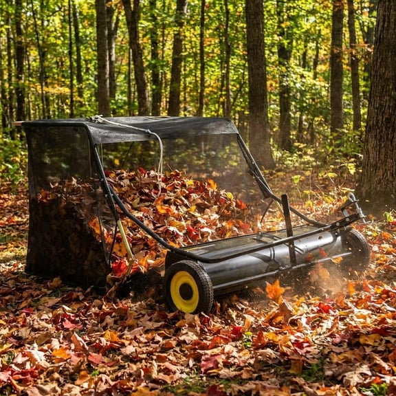 44-Inch ATV Lawn Sweeper, Easy-Empty Hopper with 4 Nylon Brushes (10-Inch Diameter), Universal Hitch & Sturdy Wheels, Black