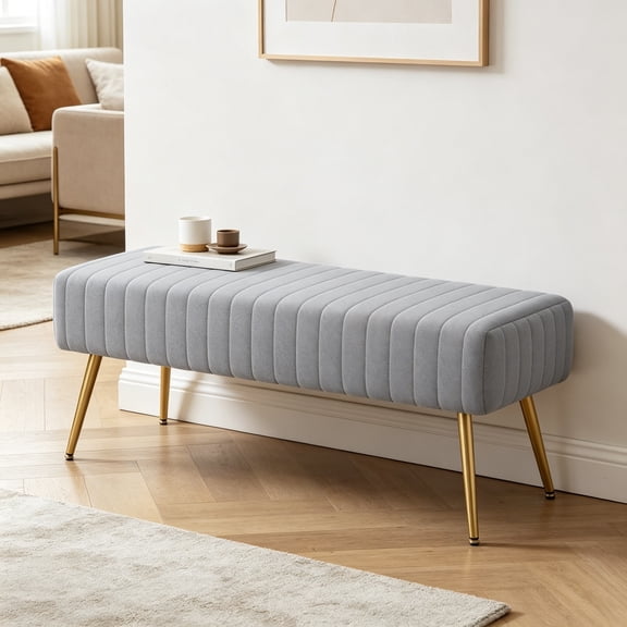 44 Inch Bedroom Bench, Upholstered Tufted Striped Fabric Ottoman Bench with X-Shaped Metal Legs for Living Room, Solid Wood Indoor Bench for Foyer, Grey