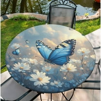 44 Inch Blue Butterfly Fitted Round Tablecloth with Elastic, Round Tablecloth Cover Waterproof Table Covers for Kitchen Party Dinner Decoration