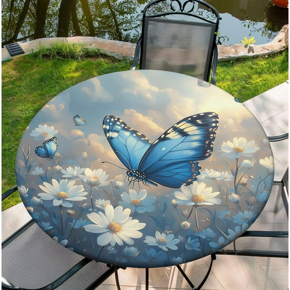 44 Inch Blue Butterfly Fitted Round Tablecloth with Elastic, Round Tablecloth Cover Waterproof Table Covers for Kitchen Party Dinner Decoration