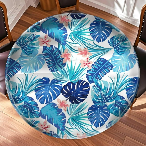 44 Inch Blue Round Table Protector for Kitchen,Palm Leaves Table Cloth Round Cover with Elastic Edge,Waterproof Picnic Circle Tablecloth for Dinner, Outdoor, Party, Camping, BBQ