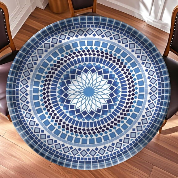 44 Inch Boho Blue Mandala Round Table Protector for Kitchen,Floral Table Cloth Round Cover with Elastic Edge,Waterproof Picnic Circle Tablecloth for Dinner, Outdoor, Party, Camping, BBQ