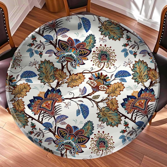 44 Inch Brown Round Patio Table Protector for Kitchen, Boho Floral Table Cloth Round Cover with Elastic Edge,Waterproof Picnic Circle Tablecloth for Dinner, Outdoor, Party, Camping, BBQ
