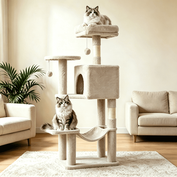 44-Inch Cat Tree, Beige Cat Tower with Sisal Scratching Post, Multi-Level Plush Pet' Toy Tree with Climbing Ladder