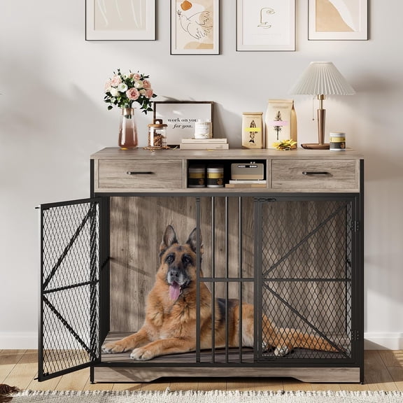 44 Inch Dog Crate Furniture with Drawers, Wooden Cage with Open Compartment and Double Doors, Heavy Duty Indoor End Table for Small to Large Dogs, Vintage Brown Black