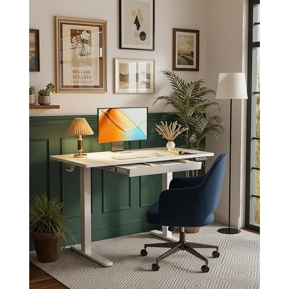 44 Inch Electric Standing Desk with Drawers, Adjustable Height, 4 Memory Settings, Sit Stand Desk for Home Office & Computer Workstation, White