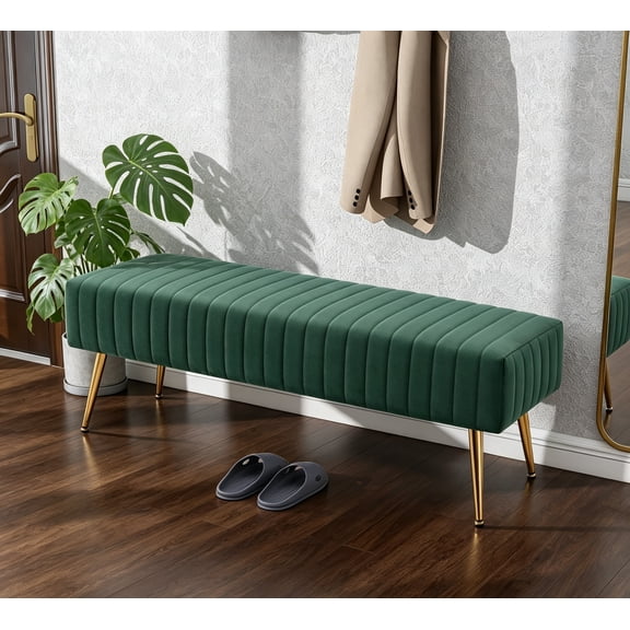 44 Inch Entryway Bench, Upholstered Tufted Striped Fabric Ottoman Bench with Polished Gold Metal Legs for Living Room, Solid Wood Indoor Bench for Foyer, Dark Green