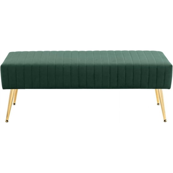 44 Inch Entryway Benches, Upholstered Tufted Striped Fabric Ottoman Bench with Polished Gold Metal Legs for Living Room, Solid Wood Indoor Bench for Foyer (DarkGreen)