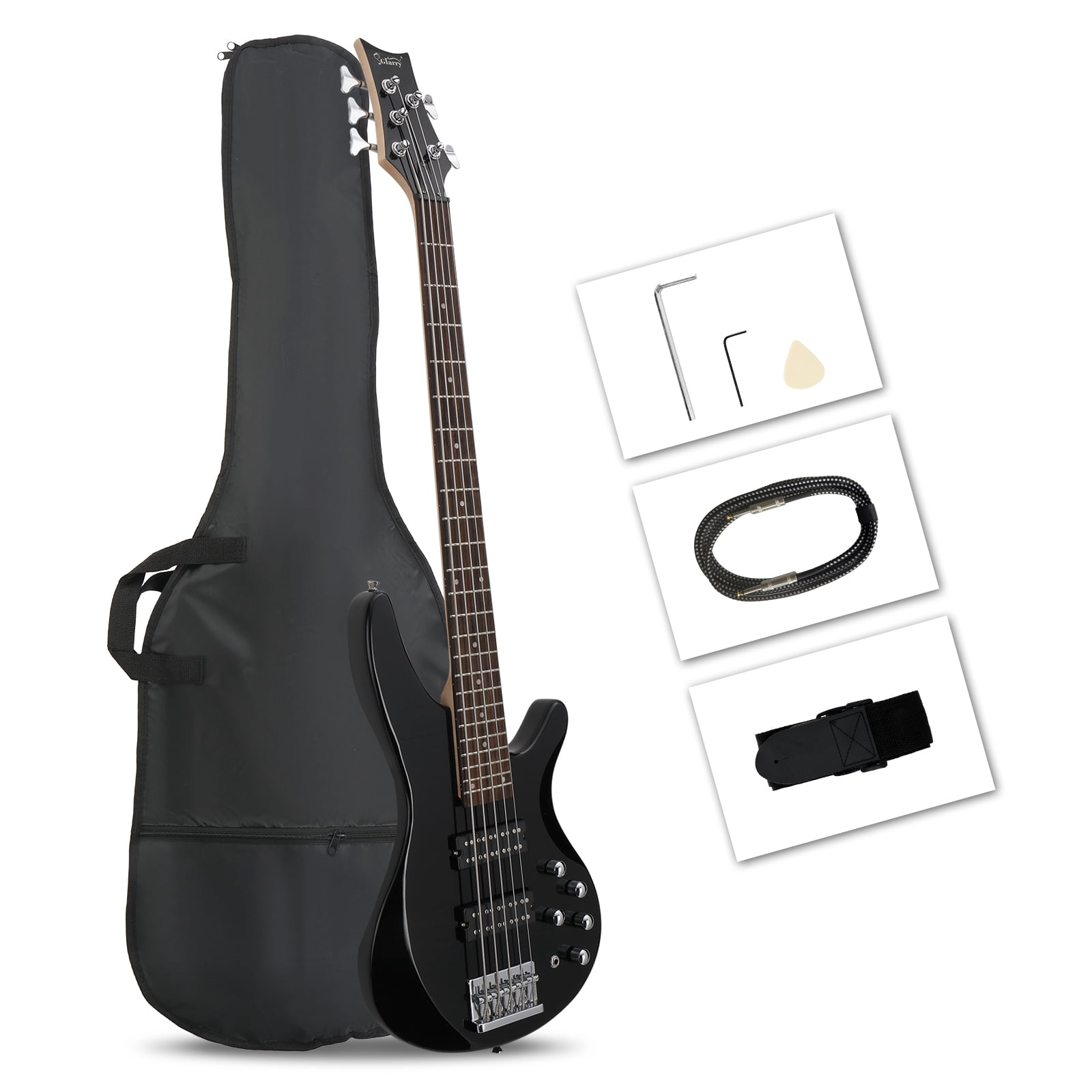44 Inch GIB 5 String H-H Pickup Laurel Wood Fingerboard Electric Bass Guitar with Bag and Other Accessories Black