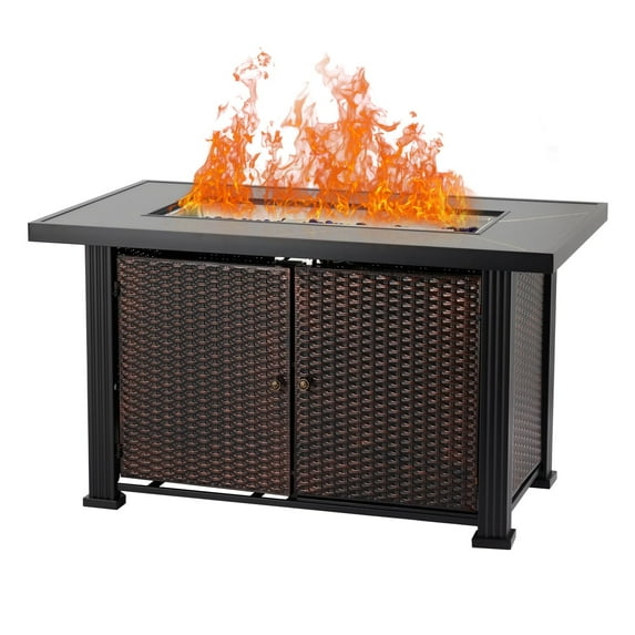 44 Inch Gas Fire Pit Table, 50000 BTU Propane Fire Pit with Cover & Storage Cabinet, Durable Rattan Design for Backyard,Porch, Double Door Storage