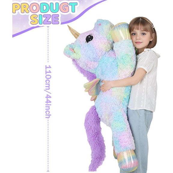 44 Inch Giant Rose Rainbow Unicorn Stuffed Animal Plush Toy with Wings - Soft Cute Large Unicorn Plushies for Kids, Birthday Gift, Room Decorations