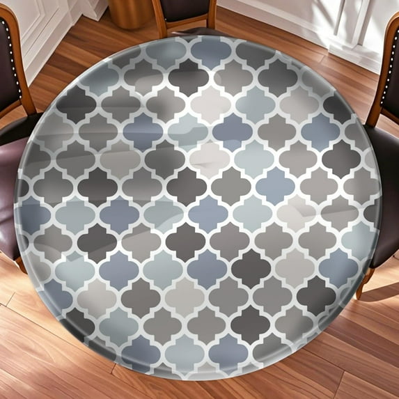 44 Inch Grey Round Patio Table Protector for Kitchen, Grid GeometryTable Cloth Round Cover with Elastic Edge,Waterproof Picnic Circle Tablecloth for Dinner, Outdoor, Party, Camping, BBQ