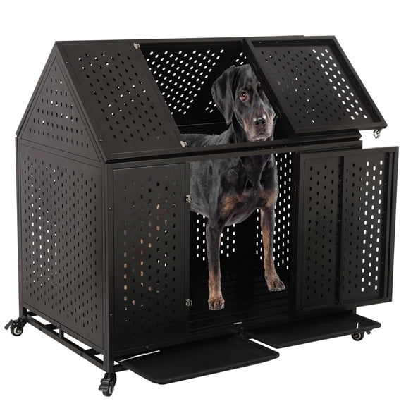 44 Inch Heavy Duty Indestructible Dog Crate with Wheels, Steel Escape-Proof Indoor Double Door High Anxiety Cage, Durable Chew-Proof Strong Kennel with Removable Tray for Large Medium Dogs