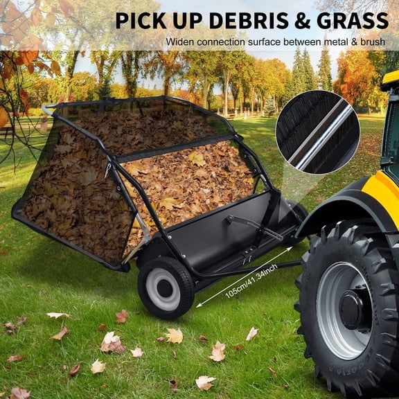 44-Inch Heavy Duty Tow Behind Lawn Sweeper, Adjustable Brush Height, 25 Cu Ft Hopper Bag, Rubber Wheels & Dump Rope - Fits Lawn Tractors for Leaves, Grass, Yard Debris