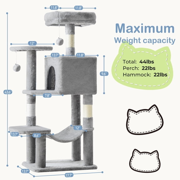 44 Inch Indoor Cat Tree Tower, Multi-Level Cat Condo Furniture with Scratching Post, Hammock & Cave, Anti-Tilt Stable, Easy Assembly, Pet Play House for Kittens & Cats