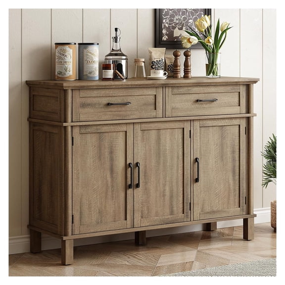 44 Inch Kitchen Sideboard Buffet Cabinet, Washed Grey Storage Unit with Drawers, Adjustable Shelves, Multipurpose Console Table, Built for Home Use