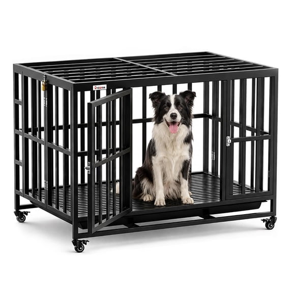 44 Inch Large Dog Crate,Upright Fold Design, Simple Setup Portable Dog Kennel, Heavy Duty Dog Crate,Max Load Capacity 300lbs,4 Swivel Casters With Brakes