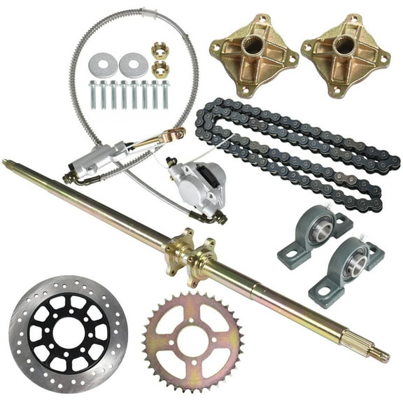 44 Inch Live Rear Axle Kit Chain Sprocket Brake Disc Pillow Block Wheel Hub Chain Brake Master Cylinder Caliper Rear Axle Assembly DIY Rebuild Replacement for Go Kart ATV Quad and Drift Trikes