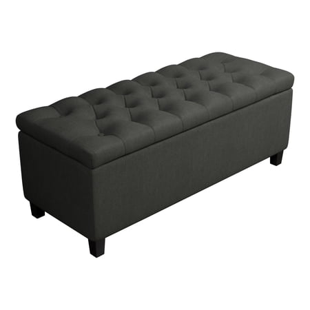 44 Inch Modern Lift Top Storage Bench Button Tufted Seat Charcoal Fabric - Saltoro Sherpi