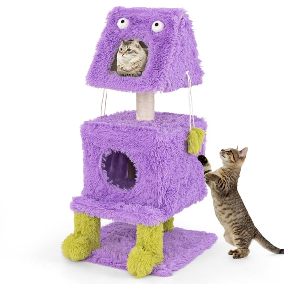 44 Inch Monster Themed Cat Tree, Modern Tower with Two Cat Condos, Sisal Scching Post, Hanging Sound Making Toys for Indoor Cats' Play and Rest, Purple