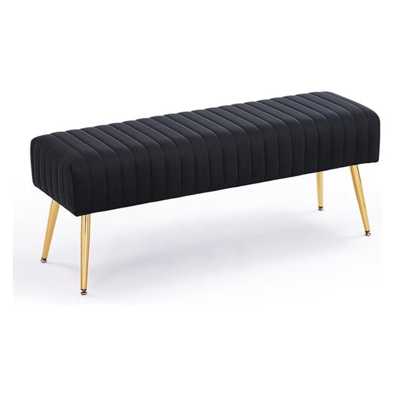 44 Inch Ottoman, Black Upholstered End of Bed Bench - Living Room, Bedroom, Entryway - Modern Waterfall Design, Sturdy Metal Legs