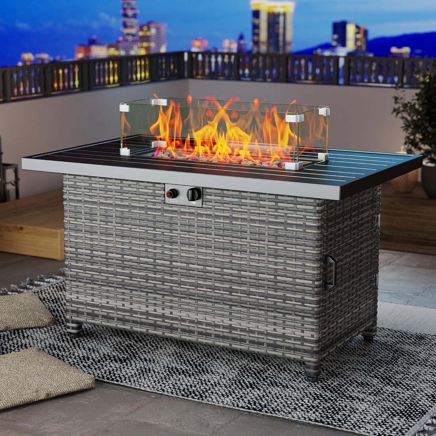 44 Inch Outdoor Wicker Fire Pit Table, 50000 BTU Propane Fire Pits with Glass Wind Guard and Lid, Patio Gas Fire Pit for Outside Patio and Garden(Grey)