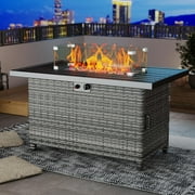 44 Inch Outdoor Wicker Fire Pit Table, 50000 BTU Propane Fire Pits with Glass Wind Guard and Lid, Patio Gas Fire Pit for Outside Patio and Garden(Brown)