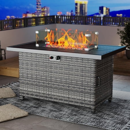 44 Inch Outdoor Wicker Fire Pit Table, 50000 BTU Propane Fire Pits with Glass Wind Guard and Lid, Patio Gas Fire Pit for Outside Patio and Garden(Grey)