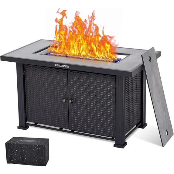 44 Inch Propane Fire Pit Table, 50000BTU Rectangle Fire Table with Double-Sided Cover, Separate Storage Space, S/late Tabletop&Hidden Ignition, Companion for Your Garden(Double Door)