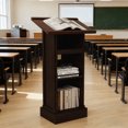 thumbnail image 1 of 44 Inch Rustic Brown Wooden Podium Stand With Mic Space Sliding Shelf Cup Holder Fixed Shelf For Church School Seminar, 1 of 11