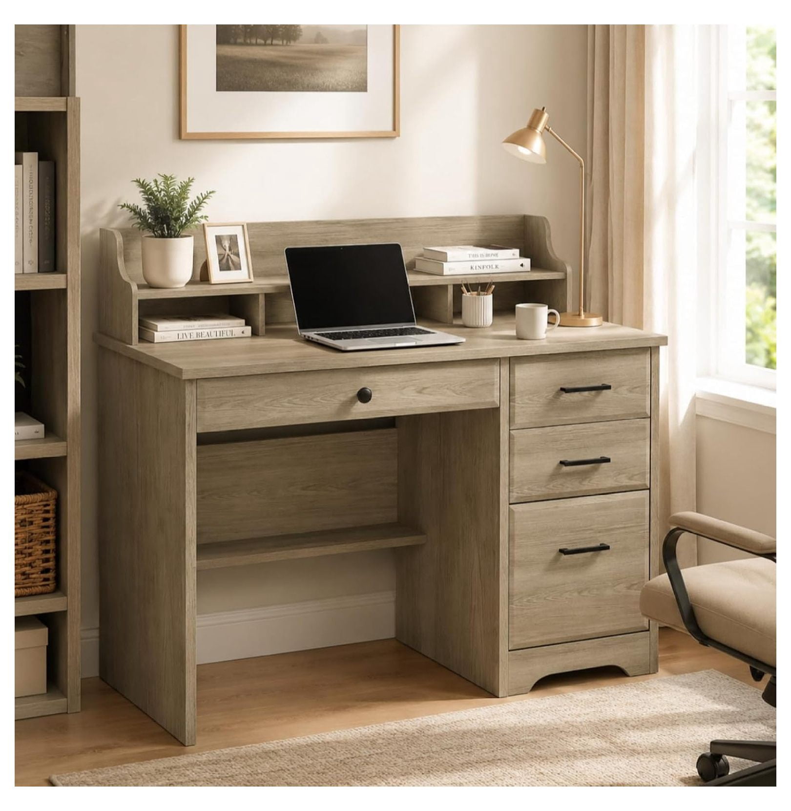 Small Dessk 44 Inch Small Computer Desk with 4 Drawers and File Cabinet, Grey Home ...