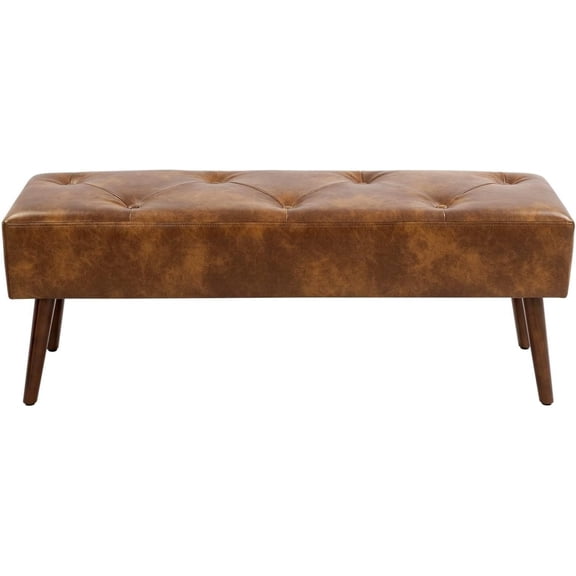 44 Inch Tufted Leather Bench, Leather Footrest Stool Bedroom Bench Seat, Upholstered Tufted Beathable Fabrics Ottoman Bench with X-Shaped Wood Legs for Kitchen, Solid Wood Indoor Bench