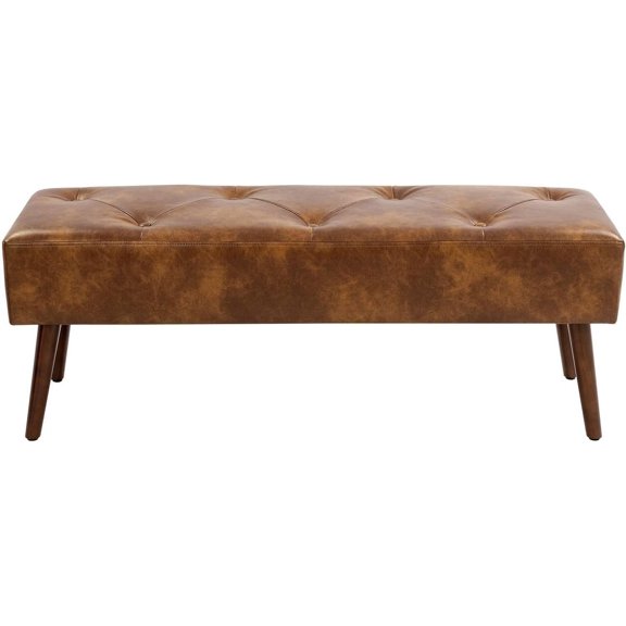44 Inch Tufted Leather Bench, Leather Footrest Stool Bedroom Bench Seat, Upholstered Tufted Beathable Fabrics Ottoman Bench with X-Shaped Wood Legs for Kitchen, Solid Wood Indoor Bench