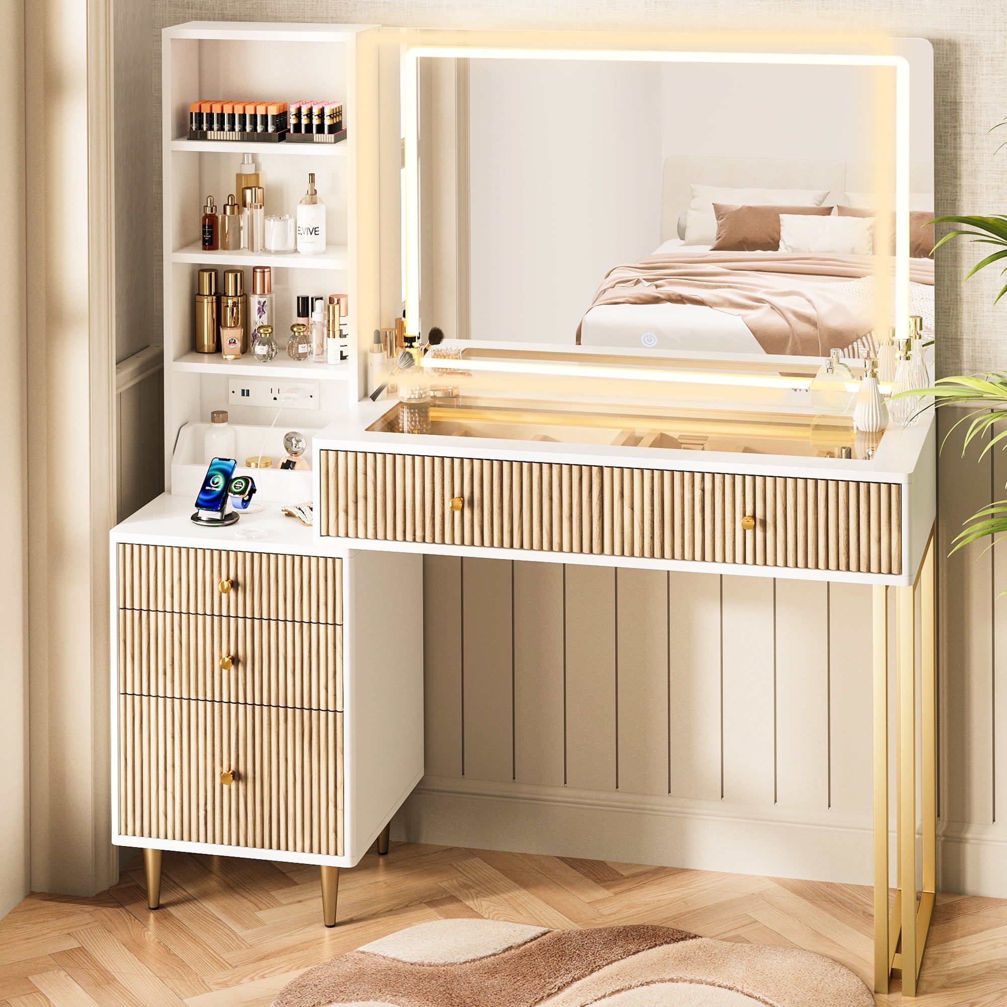 modern glass dressing table Luxury Modern European Style Glossy Carving Dressing Table Gold