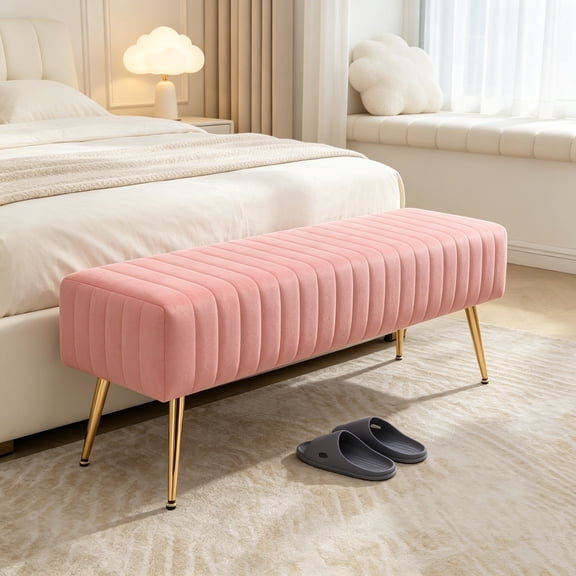 44 Inch Velvet Bench, Upholstered Tufted Striped Fabric Bedroom Bench with Golden Metal Legs, Ottoman for Living Room, Solid Wood Indoor Bench for Foyer, Pink