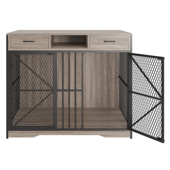 44-Inch Wood Dog Crate Furniture with Storage Drawers & 2 Lockable Doors, Decorative End Table Pet Kennel for Large/Medium Dogs, Ideal for Living Room & Apartments