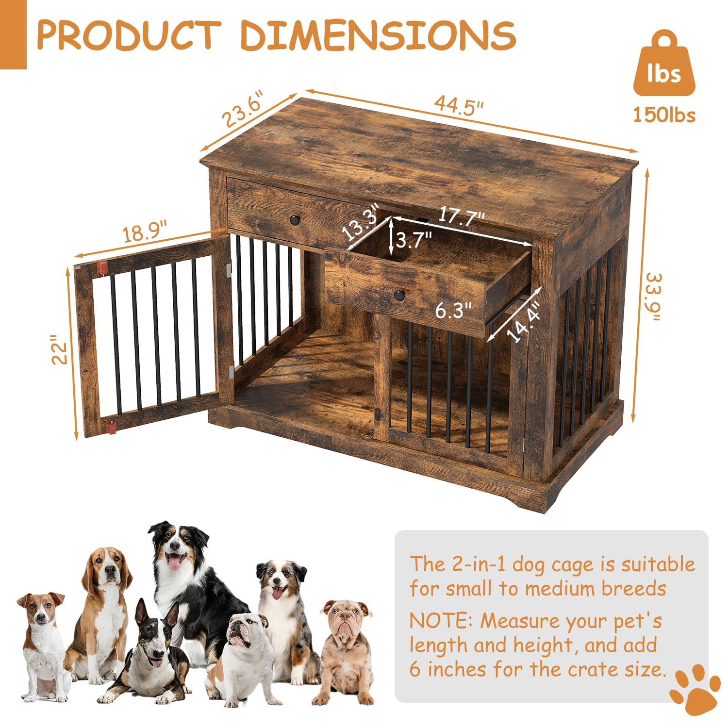 Picture of 44 Inch Wooden Dog Crate Furniture with Storage Drawers, Rustic Style ...