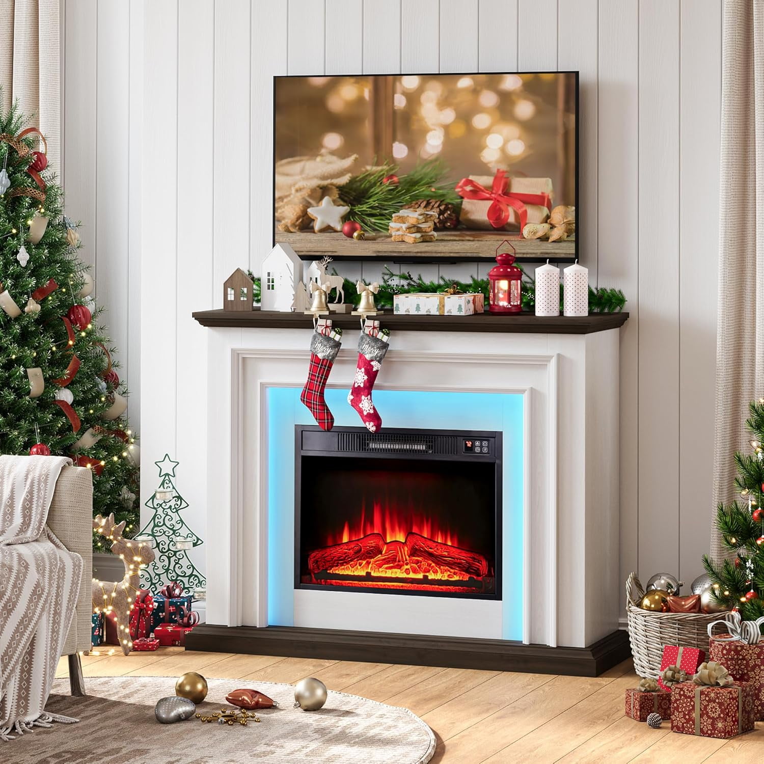 44 Inches LED Lights Electric Fireplace with Mantel, Tall Fire Place ...