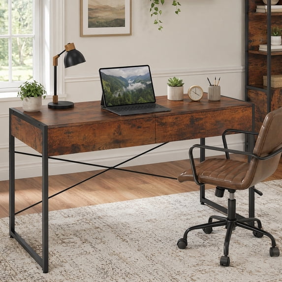 44" Industrial Computer Desk with 2-Drawer, Study Writing Desk with Steel Frame for Home Office,Brown