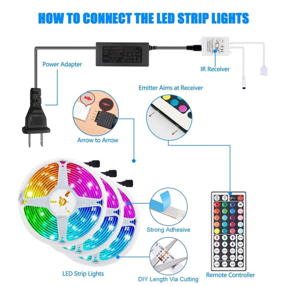 44-Key IR Remote Control LED Strip Light Kit – 49 FT Color-Changing RGB Tape Light with Power Adapter & Dimmable Brightness