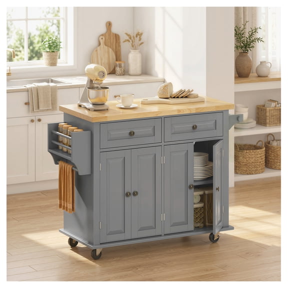 44" Kitchen Island Cart with Storage, Mobile Kitchen Island Table on Wheels, 2 Drawers, Gray