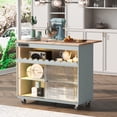 thumbnail image 1 of 44" Kitchen Island with Drop Leaf, Rolling Kitchen Cart with LED Light, Power Outlets and 2 Sliding Fluted Glass Doors, Large Kitchen Island Cart with 2 Cabinet and 1 Open Shelf (Grey Blue), 1 of 9