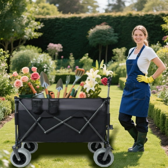 44"L Collapsible Wagon Cart Foldable,480lb Weight Capacity and All Terrain Wheels,Extra Large 300l Storage,Durable and Portable ,Foldable Utility Cart for Beach,Camping,Groceries,Sports,Black and Gray