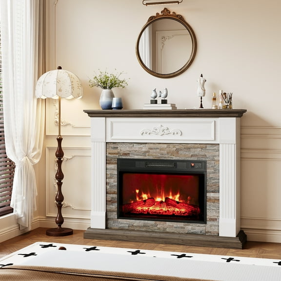 44"L Electric Fireplace Mantel Wooden Surround Firebox, Free Standing Fireplace, with Remote Control, Adjustable LED Flame